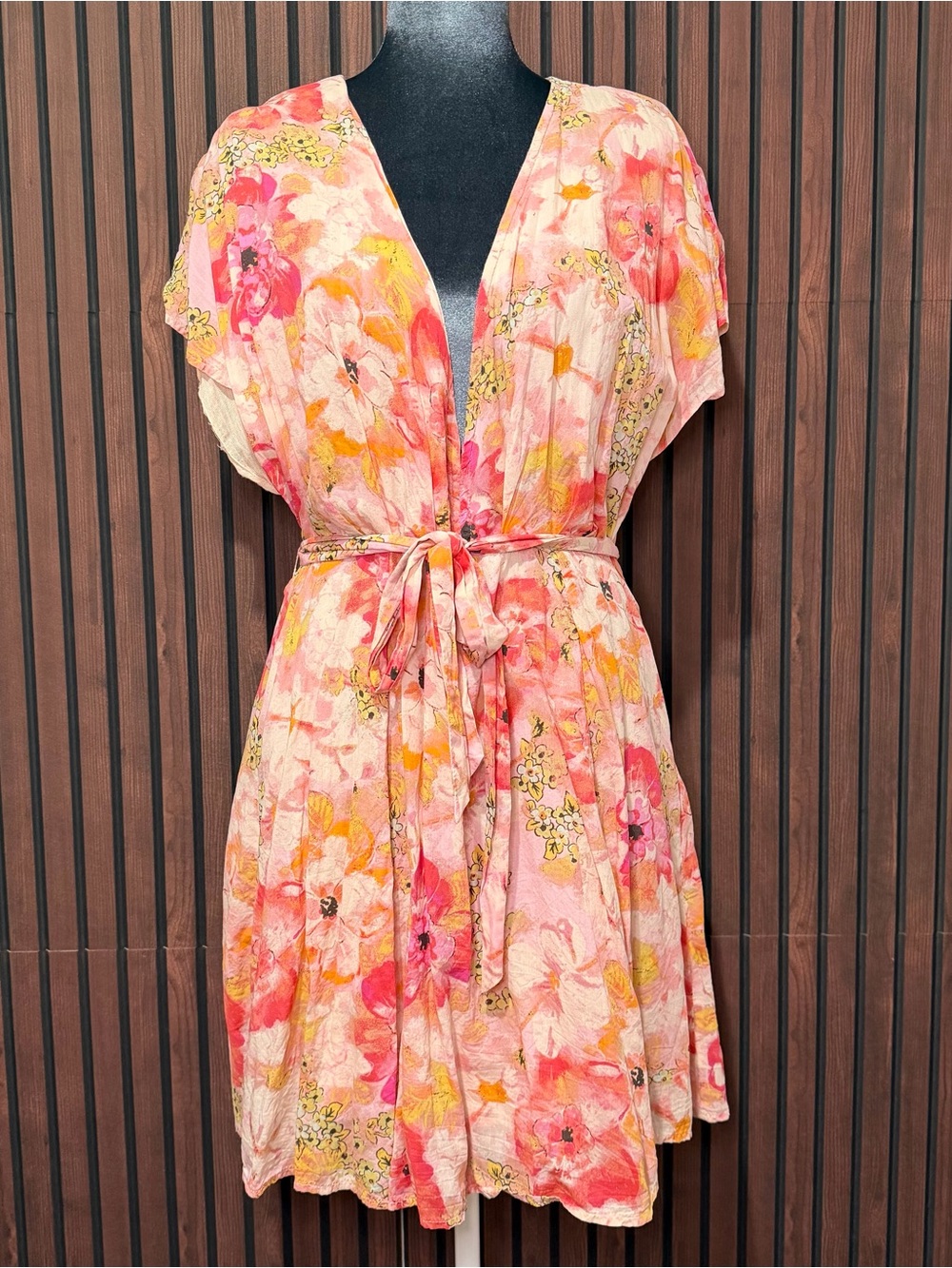 Free People Boho Floral Tie-Waist Mini Dress | Cottagecore Resort | Size Large